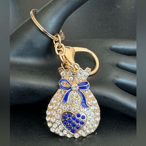 BAG CHARM  Gold Tone Crystal Blue Heart and Bow Purse Bag Charm Keychain